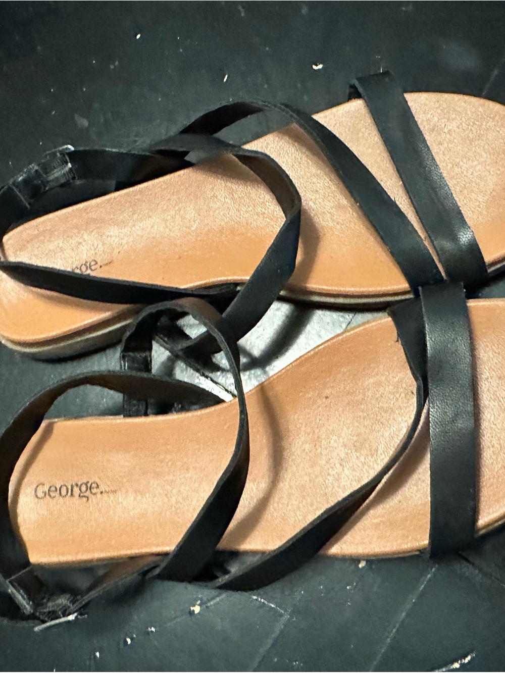 George Black Strappy Flat Sandals with Tan Footbed